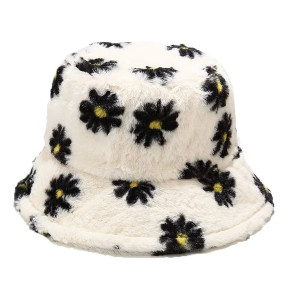 Floral Faux Fur Bucket Hat White and Black | 21 inches